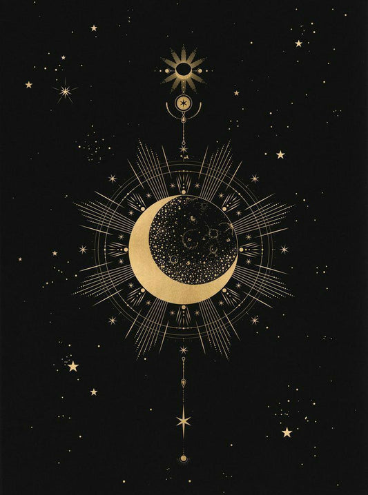 image d une lune et d un soleil et des astres dorés sur fond noir
