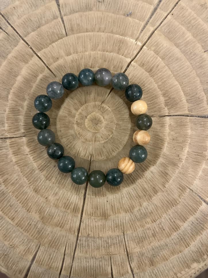 bracelet en pierre naturelle d'agate mousse et de perles de bois