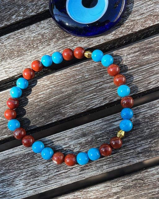 bracelet turquoise jaspe rouge perles naturelles